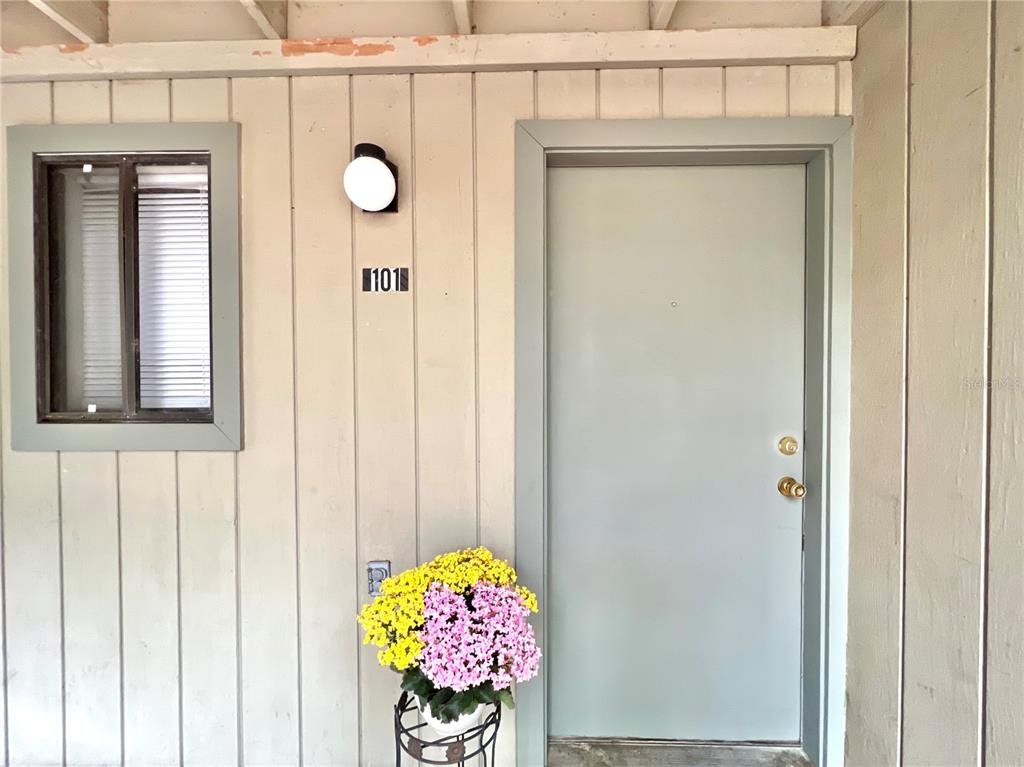 A light-colored exterior wall features a window, a door labeled 101, and potted flowers — 81 SE 16TH AVENUE UNIT D101, GAINESVILLE, FL
