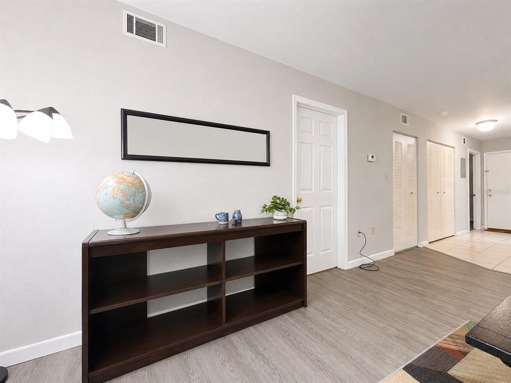 A hallway features light wood-look flooring, a dark wood console table, and a globe — 81 SE 16TH AVENUE UNIT D101, GAINESVILLE, FL