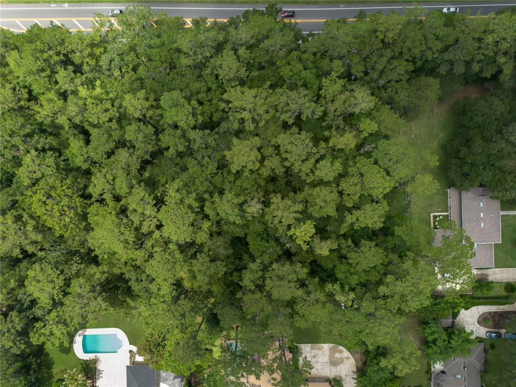 An aerial view shows a large, wooded lot situated between a road and residential homes — 0000 NW 34TH STREET, GAINESVILLE, FL