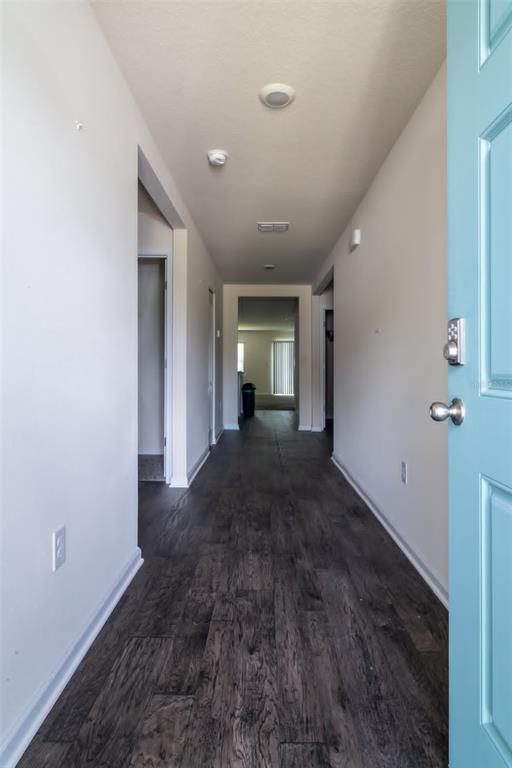 A hallway with dark wood-look flooring leads from a teal door toward a distant room — 32 ROYAL OAK DRIVE, PALM COAST, FL