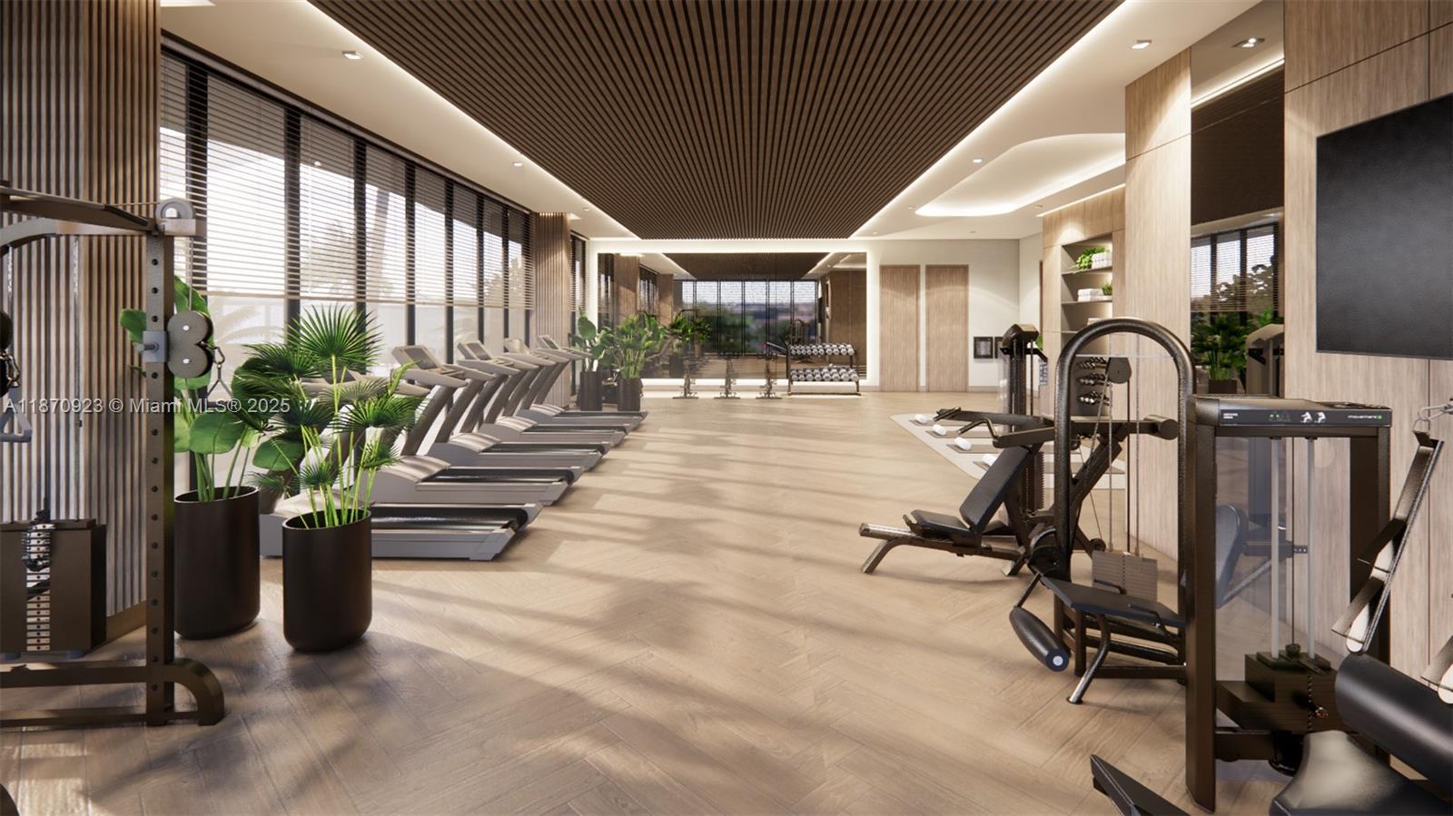 This rendering shows a modern gym with treadmills, weight machines, and wood-look flooring — 1817 Taylor # 1806, Hollywood FL 33020, HOLLYWOOD, FL