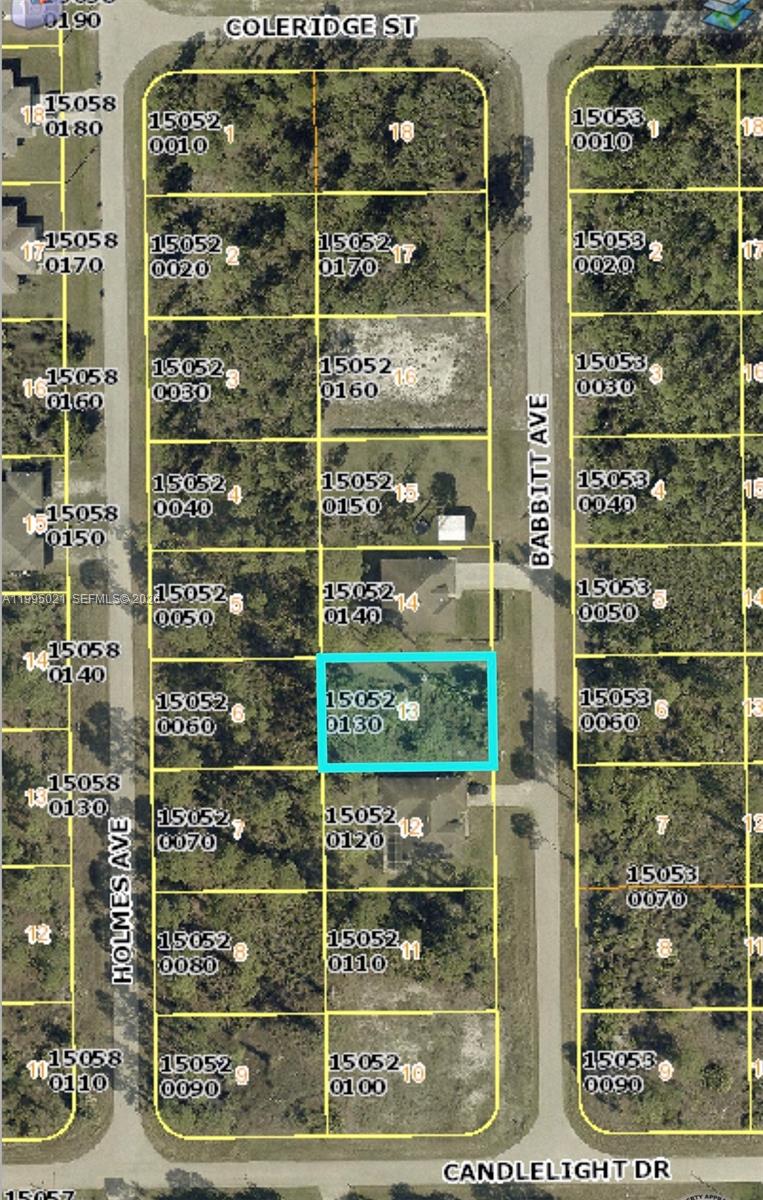 This is a satellite map showing residential land parcels and street layouts — 858 Babbit Ave, Lehigh Acres FL 33974, LEHIGH ACRES, FL