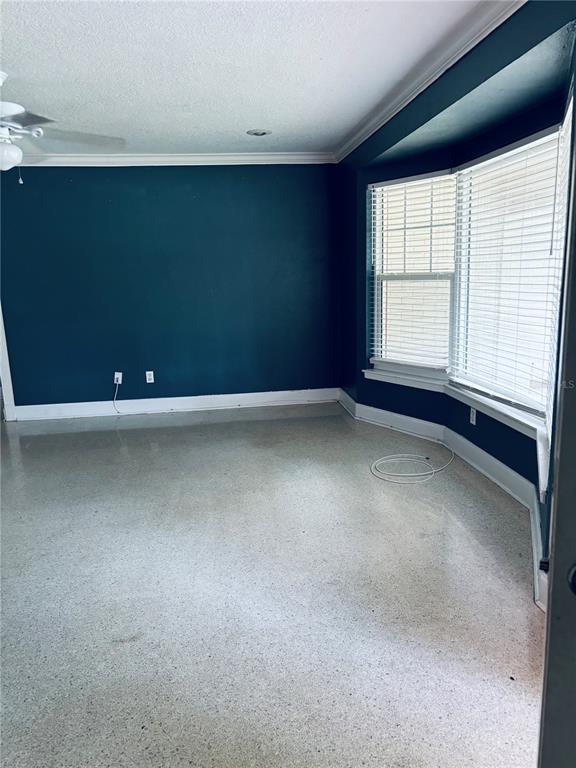 An empty room with dark blue walls, white trim, a bay window, and terrazzo flooring — 2050 HIGH RIDGE DRIVE, CLEARWATER, FL