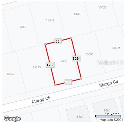 This is a map showing the rectangular property boundaries and dimensions of a residential lot — 15683 MARGO CIRCLE, PORT CHARLOTTE, FL