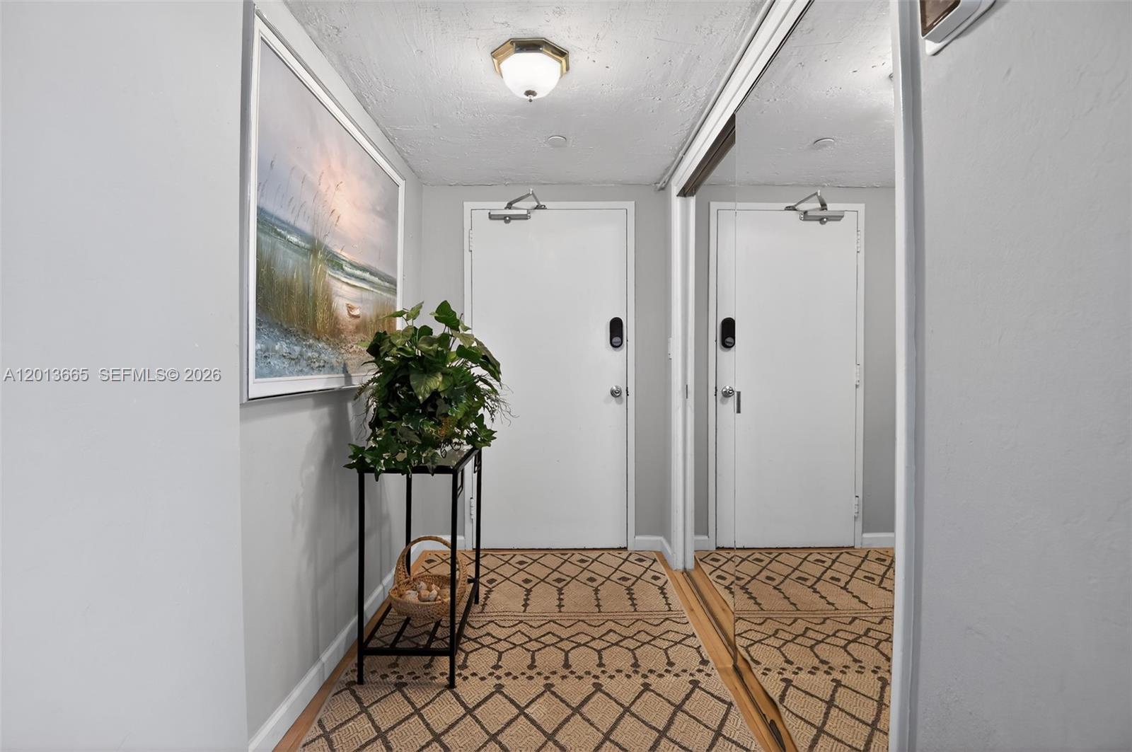 An entryway features a patterned rug, a console table with a plant, and mirrored doors — 205 Highway A1A Unit 502, Satellite Beach FL 32937, SATELLITE BEACH, FL