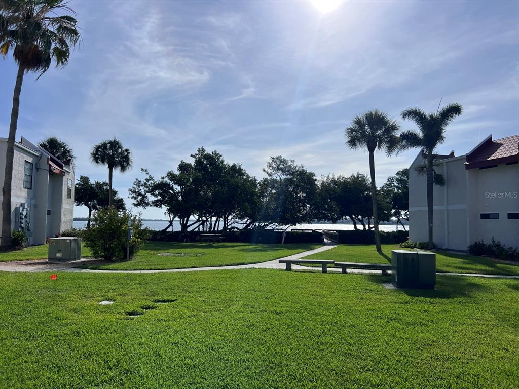 A grassy courtyard sits between two buildings with palm trees and a view of water — 1801 GULF DRIVE N UNIT 184, BRADENTON BEACH, FL