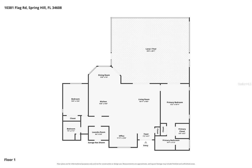This is a floor plan for a single-story house with a lanai and pool area — 10381 FLAG ROAD, SPRING HILL, FL