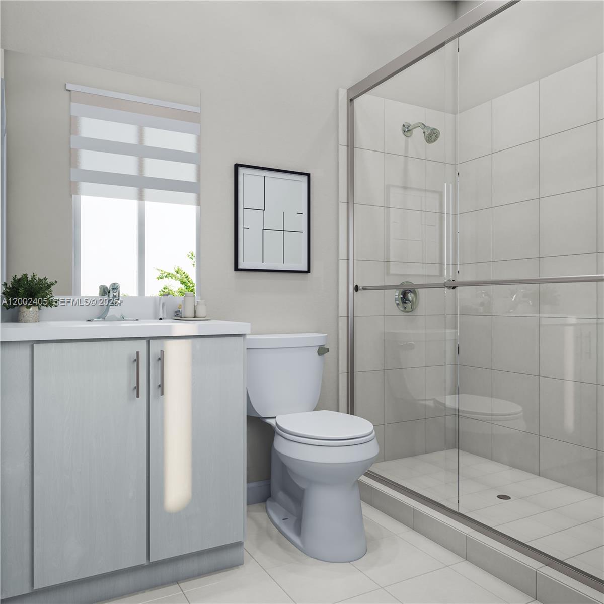 This rendering shows a modern bathroom with a vanity, toilet, and glass-enclosed walk-in shower — HOMESTEAD, FL