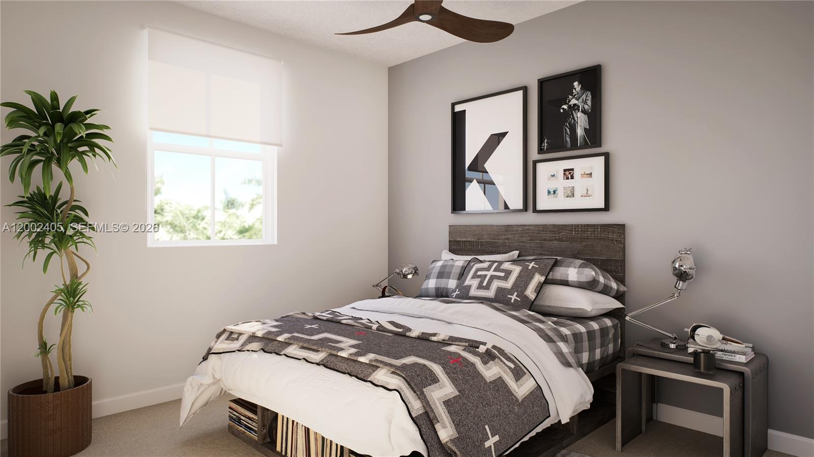 This is a digital rendering of a modern bedroom featuring a bed with patterned bedding — HOMESTEAD, FL