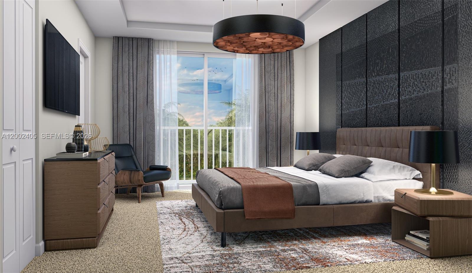This is a rendering of a modern bedroom featuring a bed, dresser, and balcony view — HOMESTEAD, FL