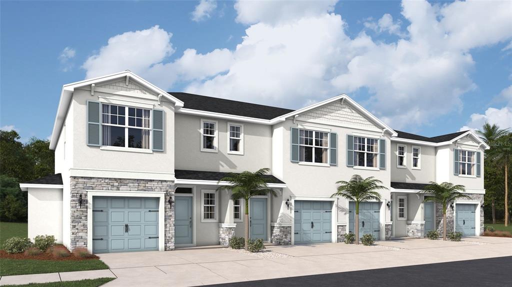A digital rendering of a multi-unit townhouse complex with light-colored stucco and stone accents — 10702 TIGER LILY DRIVE, VENICE, FL