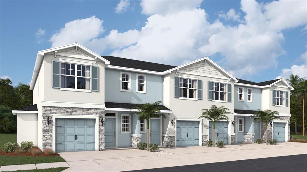 A digital rendering of a multi-unit townhouse complex with light blue and white exterior walls — 10702 TIGER LILY DRIVE, VENICE, FL