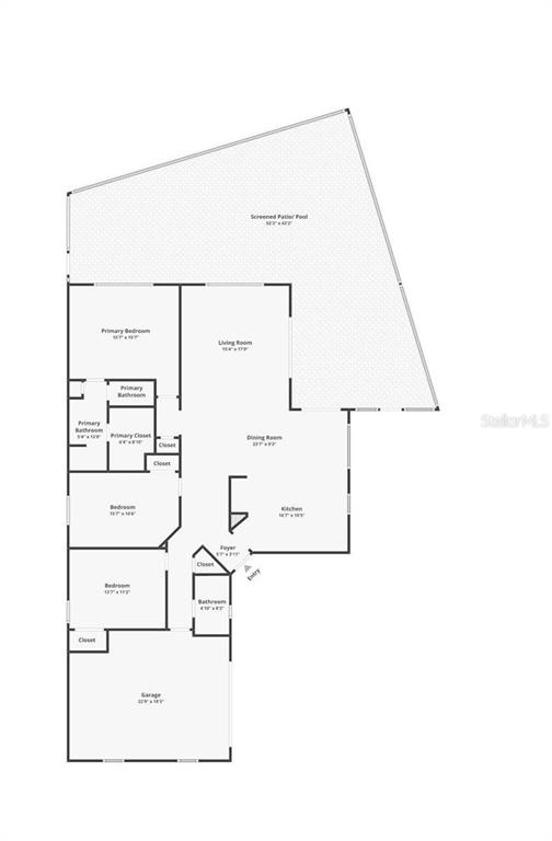 This is a floor plan showing a house with three bedrooms, a garage, and a pool — 1936 NEEDLEWOOD LANE, THE VILLAGES, FL