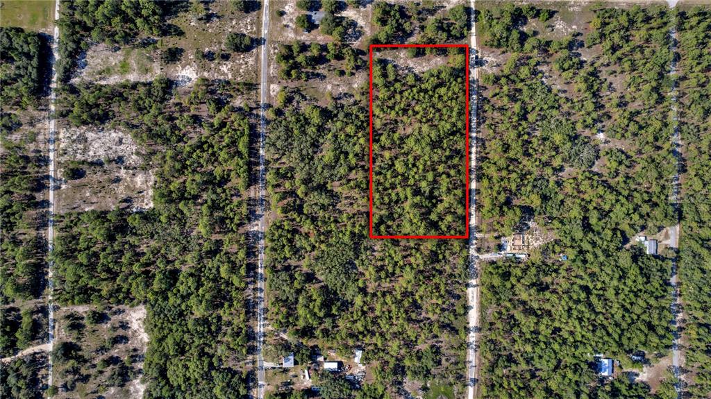 An aerial view shows a rectangular, wooded plot of land outlined in red — LOTS 16 AND 17 SE 130TH CT, DUNNELLON, FL