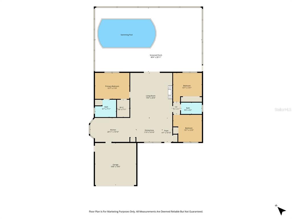This is a floor plan of a house featuring three bedrooms, a pool, and a garage — 8667 N UPLAND DRIVE, CITRUS SPRINGS, FL