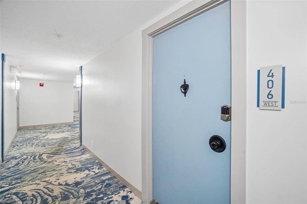A light blue apartment door with a black knocker and handle in a carpeted hallway — 1 KEY CAPRI UNIT 406W, ST PETERSBURG, FL