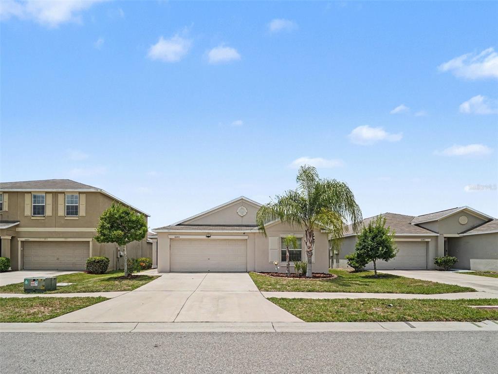 A single-story beige house with a two-car garage and a palm tree in the yard — 16803 PEACEFUL VALLEY DRIVE, WIMAUMA, FL
