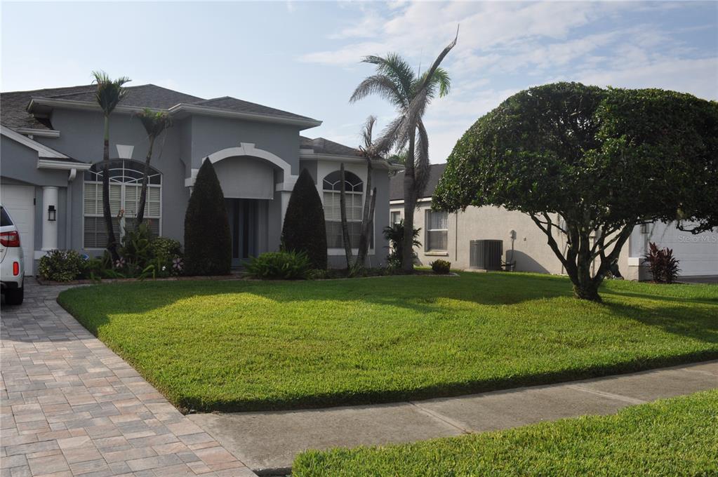 A gray single-story house with a paved driveway, palm trees, and a manicured front lawn — 1842 RIDGELAKE COURT, WESLEY CHAPEL, FL