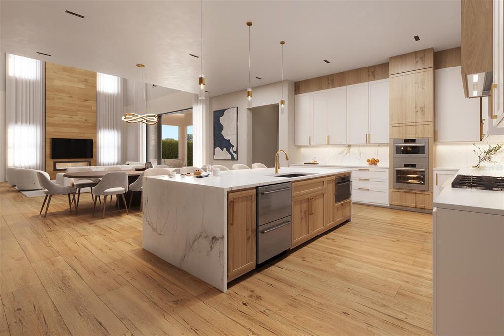 This is a rendering of a modern kitchen with a marble island and wood flooring — 1152 PRADO LANE, WINTER GARDEN, FL