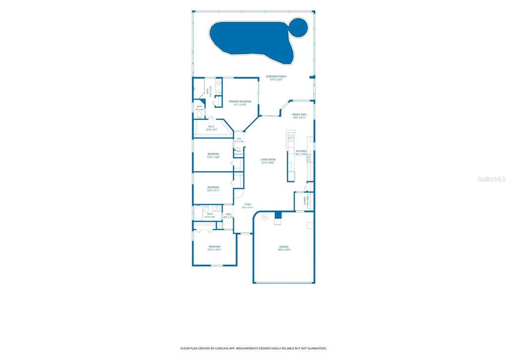 This is a floor plan of a single-story house featuring four bedrooms, a pool, and a garage — 2003 BERRY LAKE DRIVE, BRANDON, FL