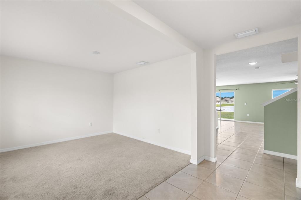 A bedroom features beige walls, a green wainscoted accent wall, carpeted flooring, and a ceiling fan — 2818 GUMBO LIMBO DRIVE, WIMAUMA, FL