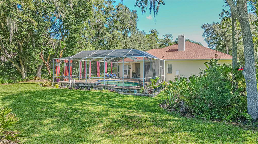 A living room with hardwood floors, a patterned area rug, and sliding glass doors — 2409 FOX FOREST DRIVE, LUTZ, FL