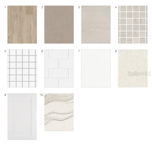 This image displays a grid of ten interior design material samples, including flooring, tiles, and countertops — 7672 MOONBEAM AVENUE, SARASOTA, FL