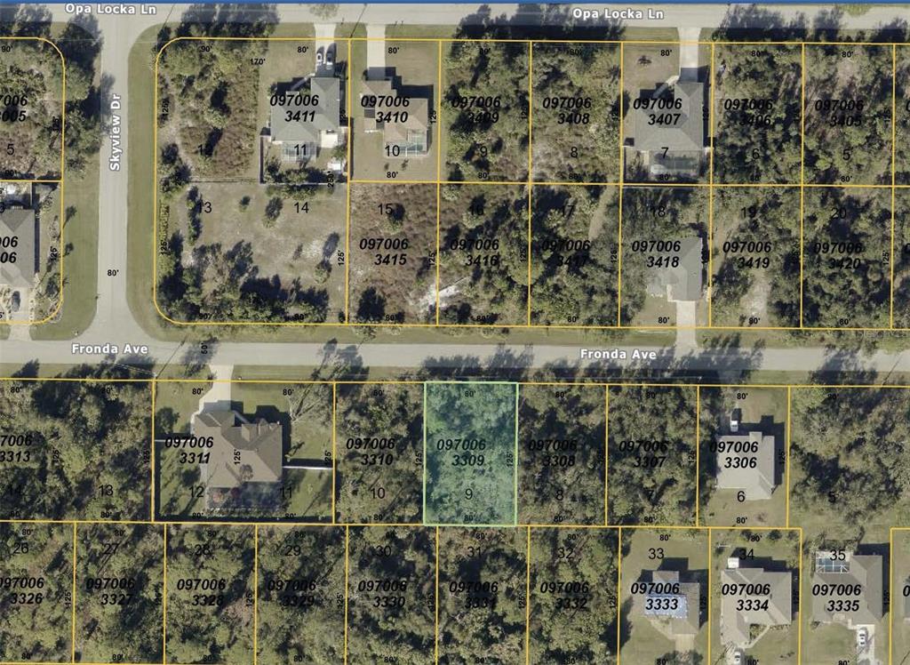 This is a map showing a residential neighborhood with several vacant and developed lots — FRONDA AVENUE, NORTH PORT, FL