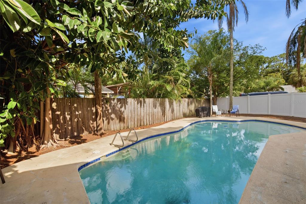 A backyard swimming pool is surrounded by a concrete deck, wooden fencing, and lush trees — 7327 SUNSHINE CIRCLE, TAMPA, FL