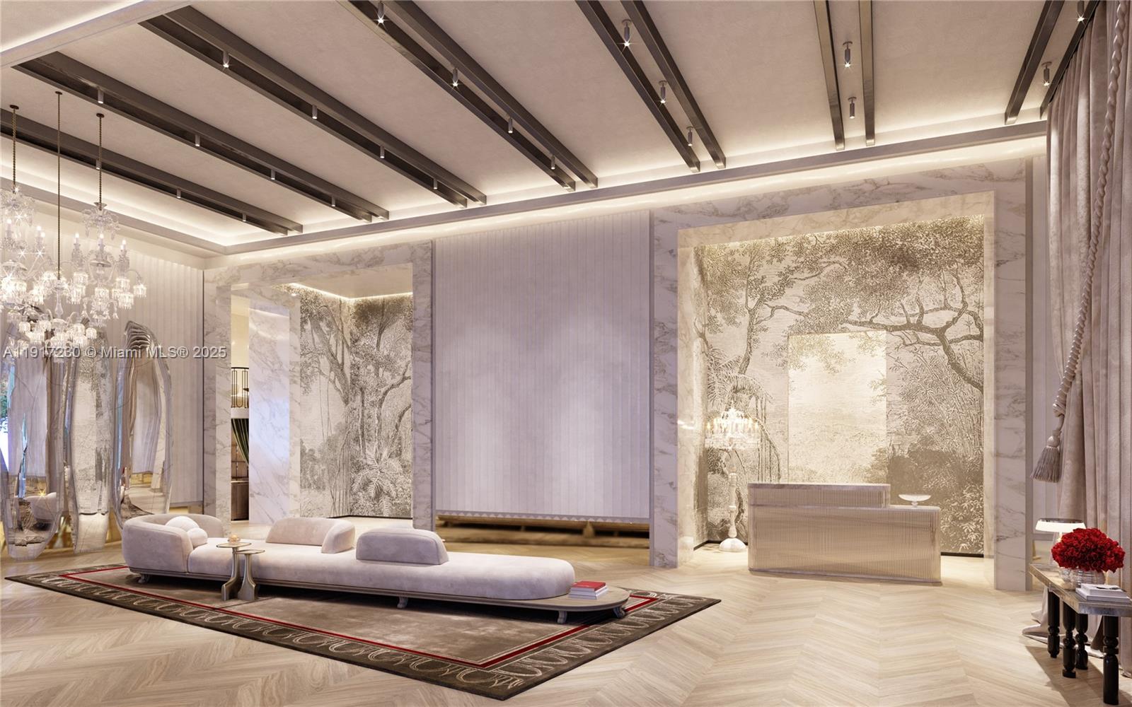 This is a rendering of a luxurious lobby featuring marble accents, decorative wallpaper, and recessed lighting — 99 SE 5th St, Miami FL 33131, MIAMI, FL