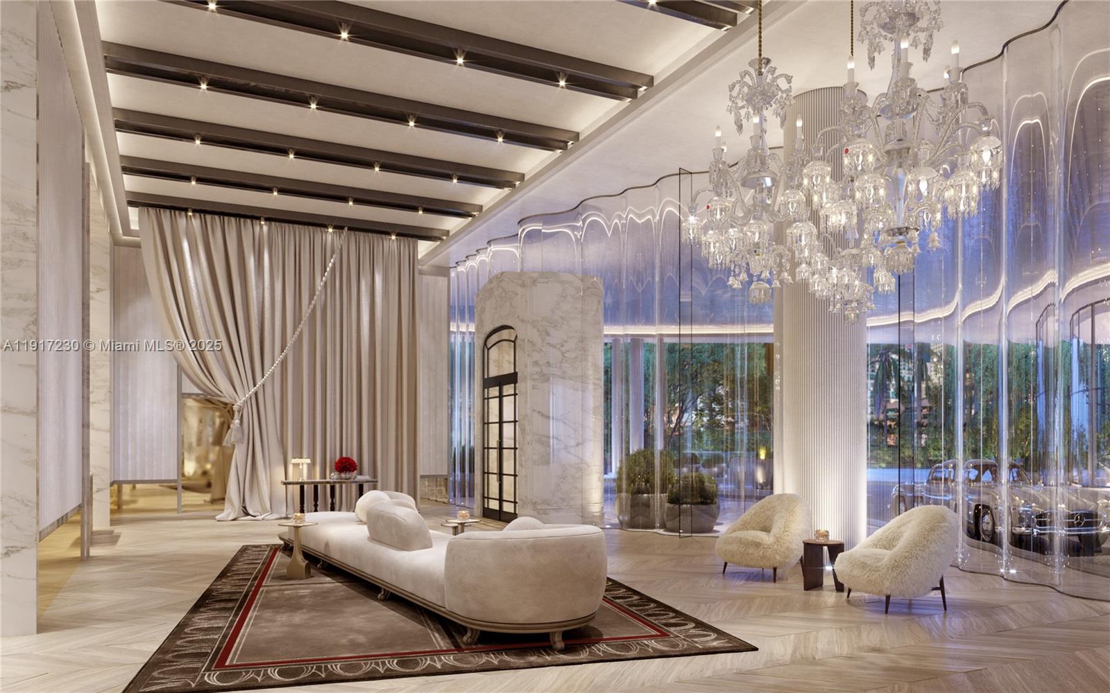 This is a rendering of a luxury lobby featuring marble finishes, a crystal chandelier, and seating — 99 SE 5th St, Miami FL 33131, MIAMI, FL