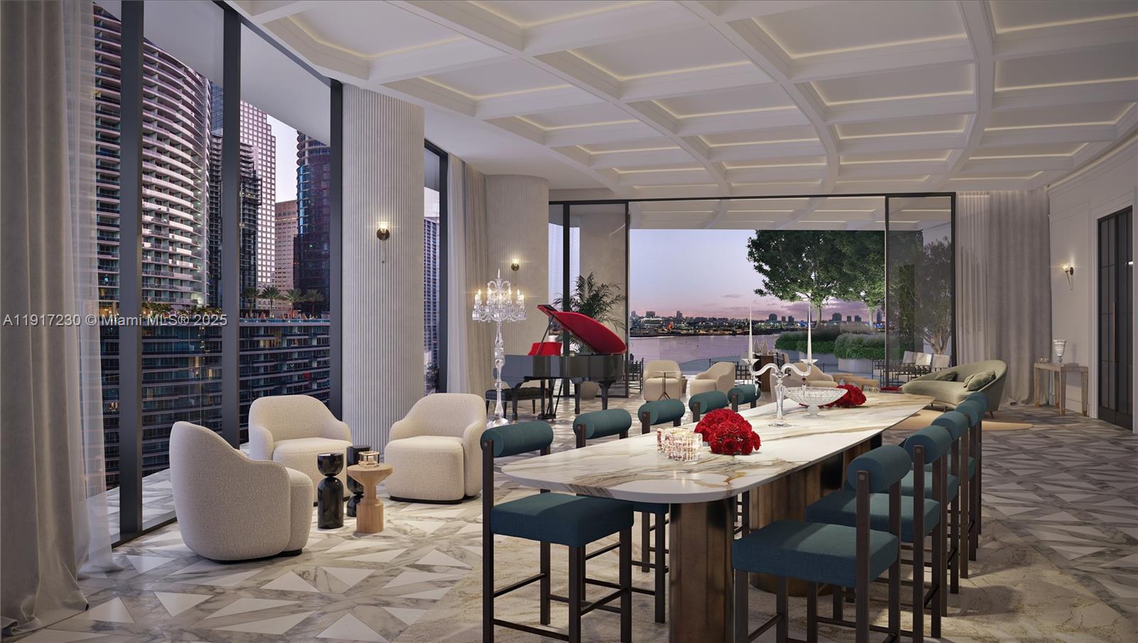 This rendering shows a luxury dining and living area with a grand piano and balcony — 99 SE 5th St, Miami FL 33131, MIAMI, FL