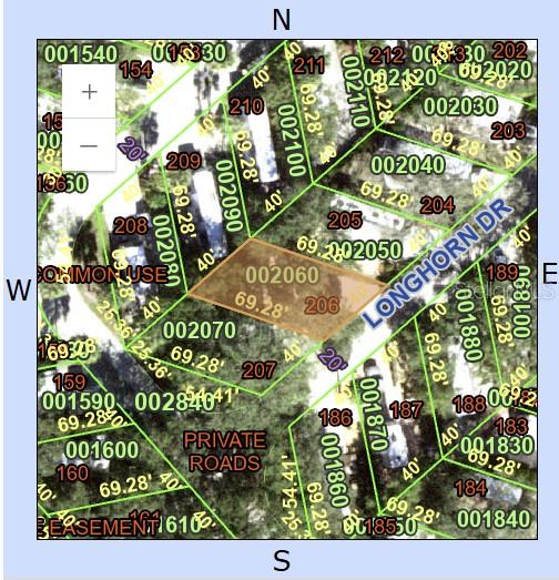 This is a property tax map showing parcel 002060 highlighted along Longhorn Drive — 206 LONGHORN DRIVE, LAKE WALES, FL