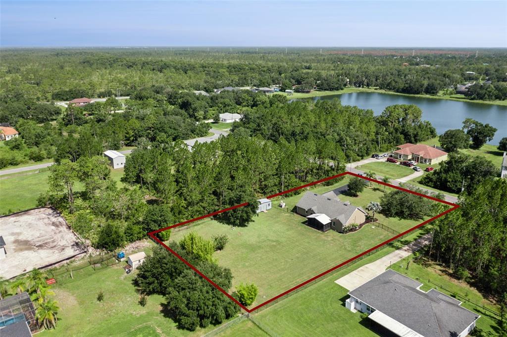 An aerial view shows a single-story house with a large fenced backyard and surrounding trees — 19204 PADDOCK STREET, ORLANDO, FL