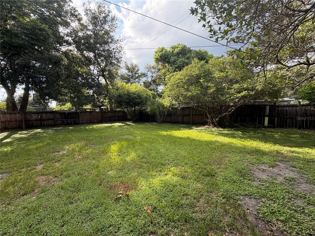 A grassy backyard features a wooden fence, several mature trees, and a small palm tree — 6013 CHENANGO LANE, ORLANDO, FL