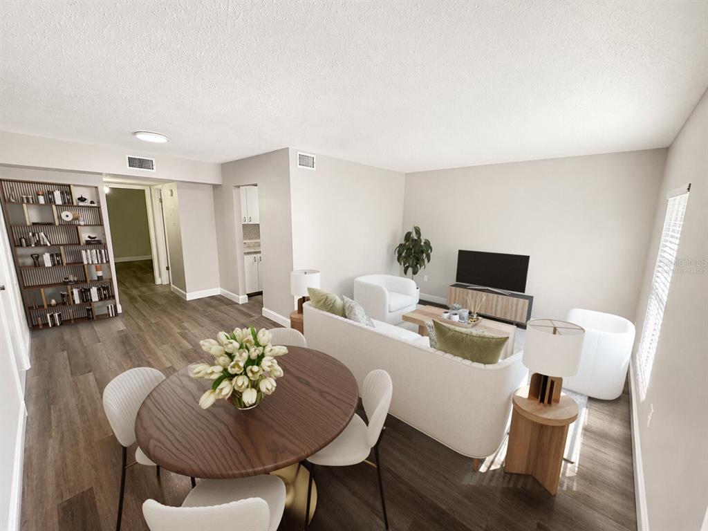 This is a digital rendering of an open-concept living and dining area with wood flooring — 165 PICARDY VILLA CIRCLE UNIT 202, BRANDON, FL