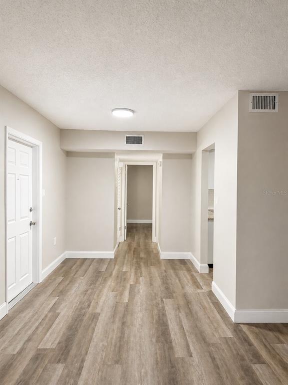 A hallway with light wood-look flooring leads to an open doorway in a neutral-toned interior — 165 PICARDY VILLA CIRCLE UNIT 202, BRANDON, FL