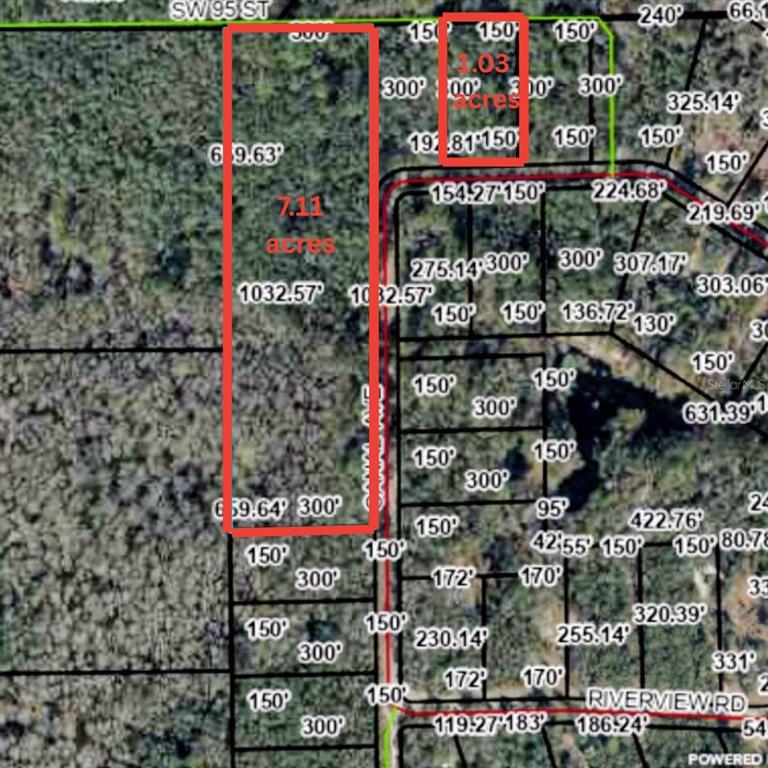 An aerial view shows two rectangular plots of land outlined in red within a forest — TBD OFF RIVERVIEW ROAD UNIT 9, FANNING SPRINGS, FL