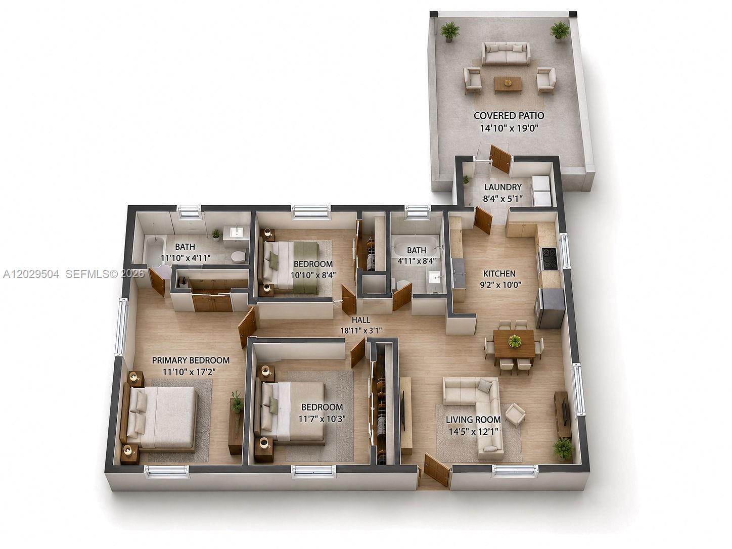 This is a 3D floor plan rendering of a three-bedroom apartment with a covered patio — 6404 Meade St, Hollywood FL 33024, HOLLYWOOD, FL