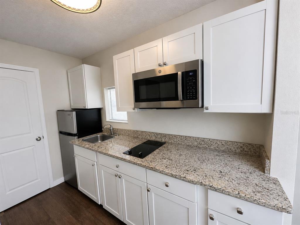 A kitchen features white cabinets, granite countertops, a stainless steel microwave, and a small refrigerator — 129 E CONCORD STREET UNIT 5, ORLANDO, FL