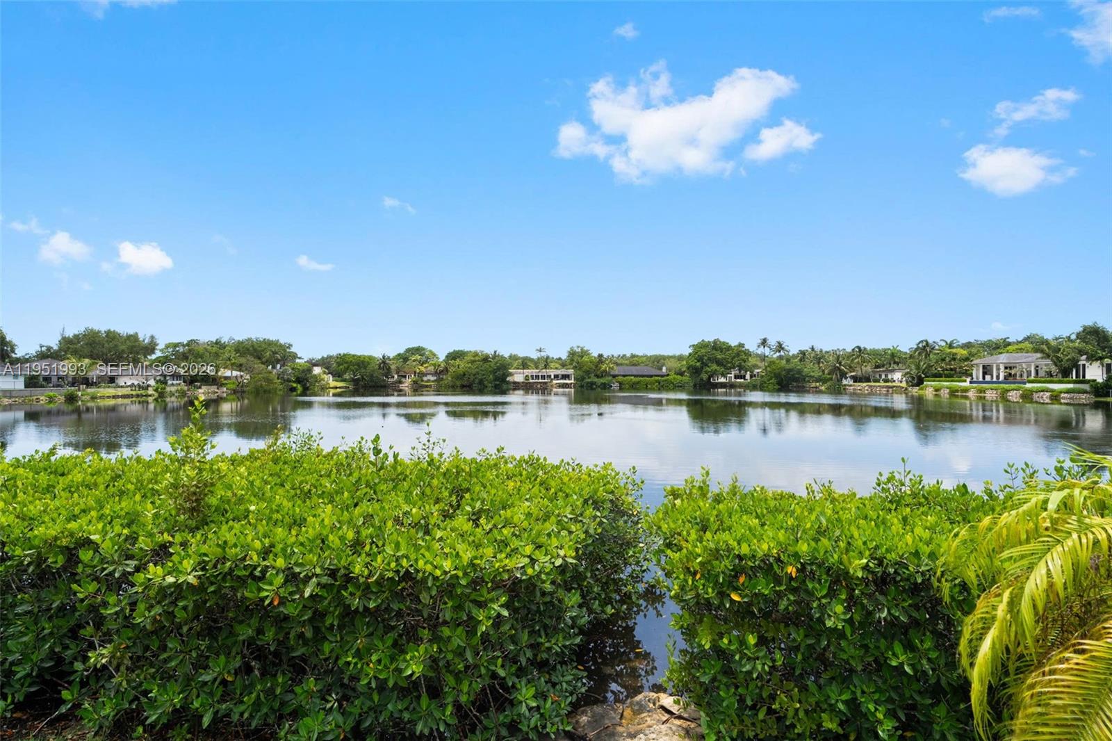 A view of a calm lake surrounded by lush green vegetation and distant houses — 415 Rovino Ave, Coral Gables FL 33156, CORAL GABLES, FL