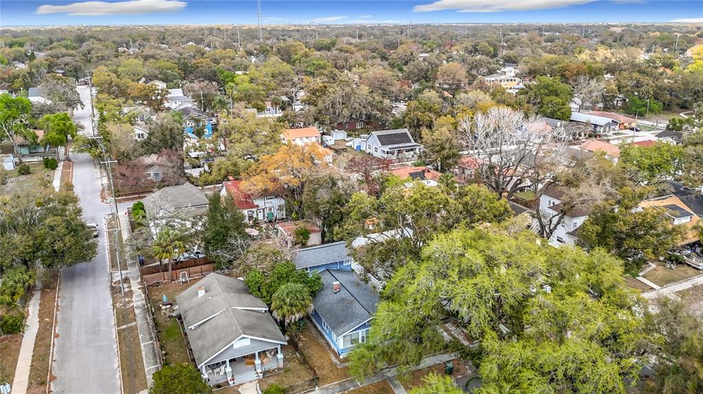 An aerial view shows a residential neighborhood with several houses surrounded by mature trees — 1004 E 22ND AVENUE, TAMPA, FL