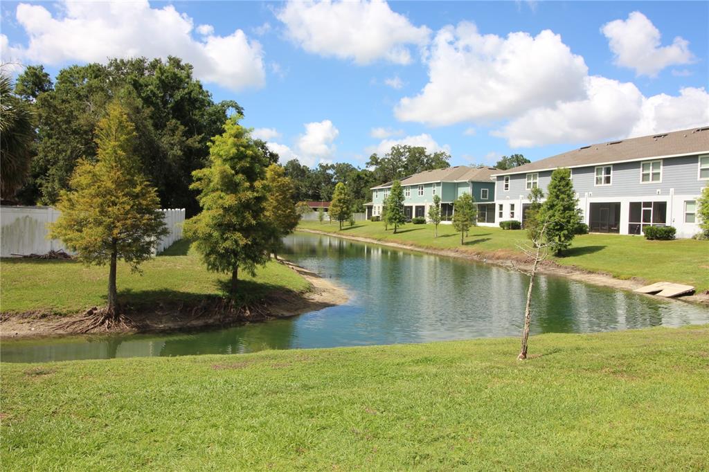 A pond sits in front of multi-story residential buildings with a grassy lawn and trees — 2135 LACEFLOWER DRIVE, BRANDON, FL