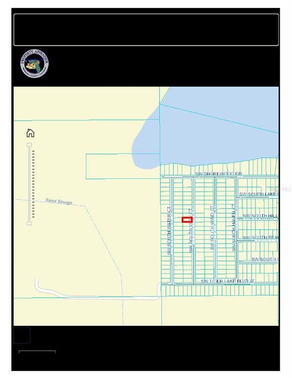 This is a property appraiser map showing a highlighted parcel within a residential subdivision — TBD SW SOUTHVIEW COURT, DUNNELLON, FL