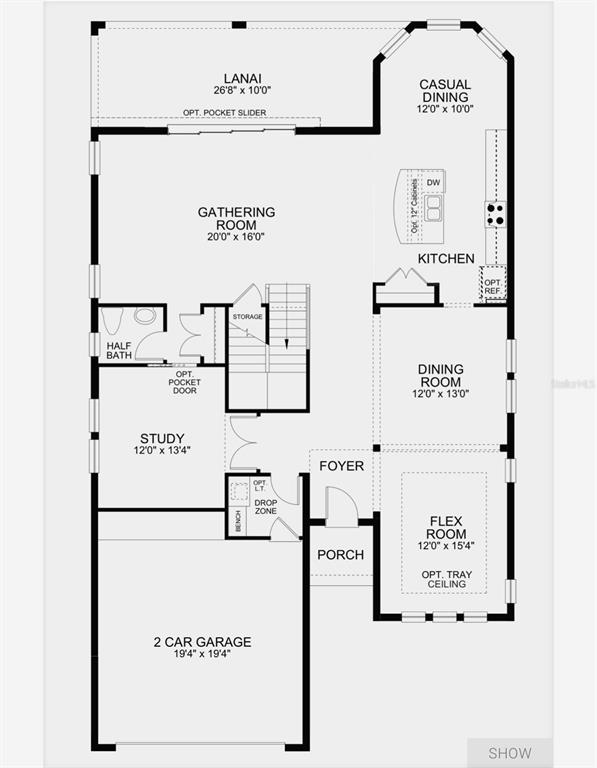 This is a floor plan for the first level of a home featuring a garage — 8775 SENTIERO DRIVE, LAND O LAKES, FL