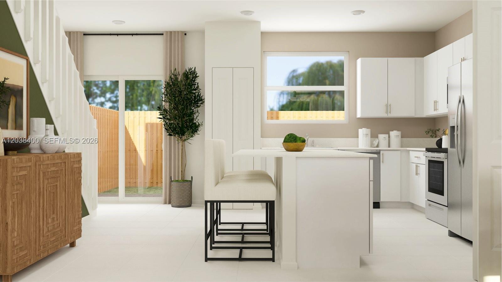 This is a digital rendering of a modern kitchen with white cabinets and a breakfast island — 1133 SE 2 TER, Florida City FL 33035, FLORIDA CITY, FL