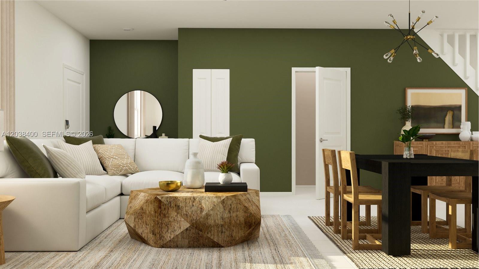 This is a digital rendering of a living and dining area with olive green walls — 1133 SE 2 TER, Florida City FL 33035, FLORIDA CITY, FL