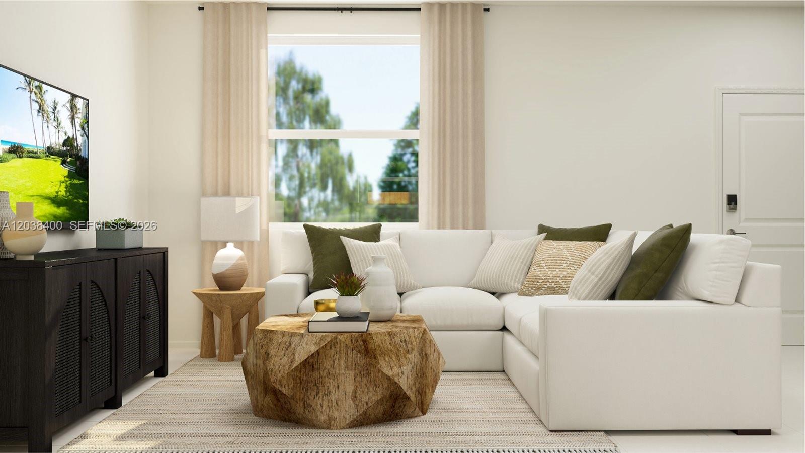 This is a digital rendering of a living room featuring a white sectional and wooden table — 1133 SE 2 TER, Florida City FL 33035, FLORIDA CITY, FL