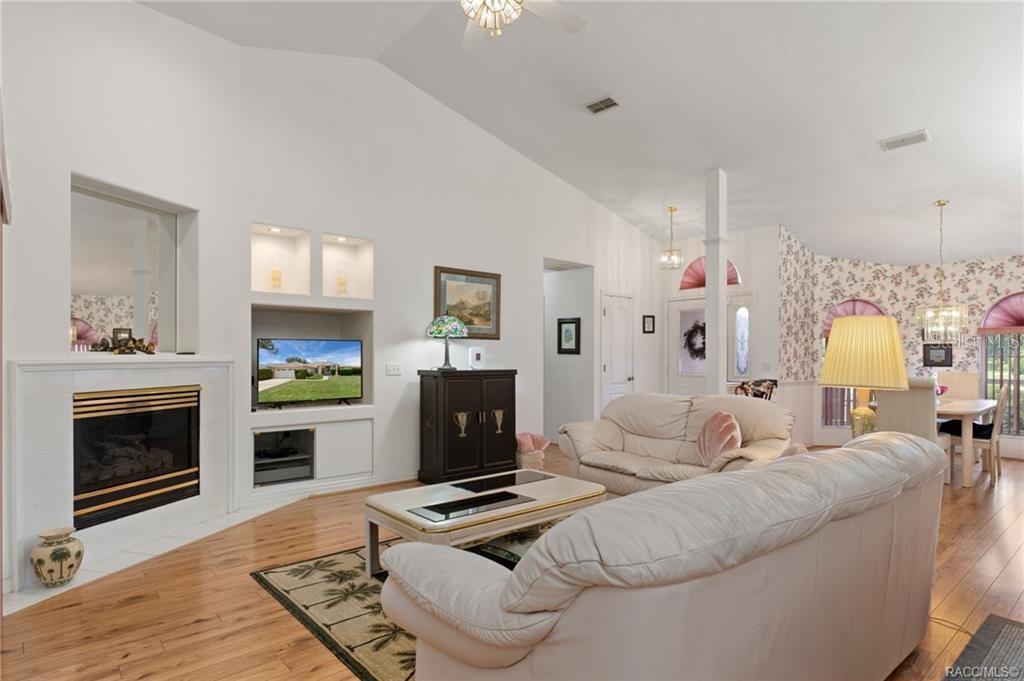 A living room features a fireplace, built-in shelving, hardwood floors, and a vaulted ceiling — 1000 S BROOKFIELD DRIVE, LECANTO, FL