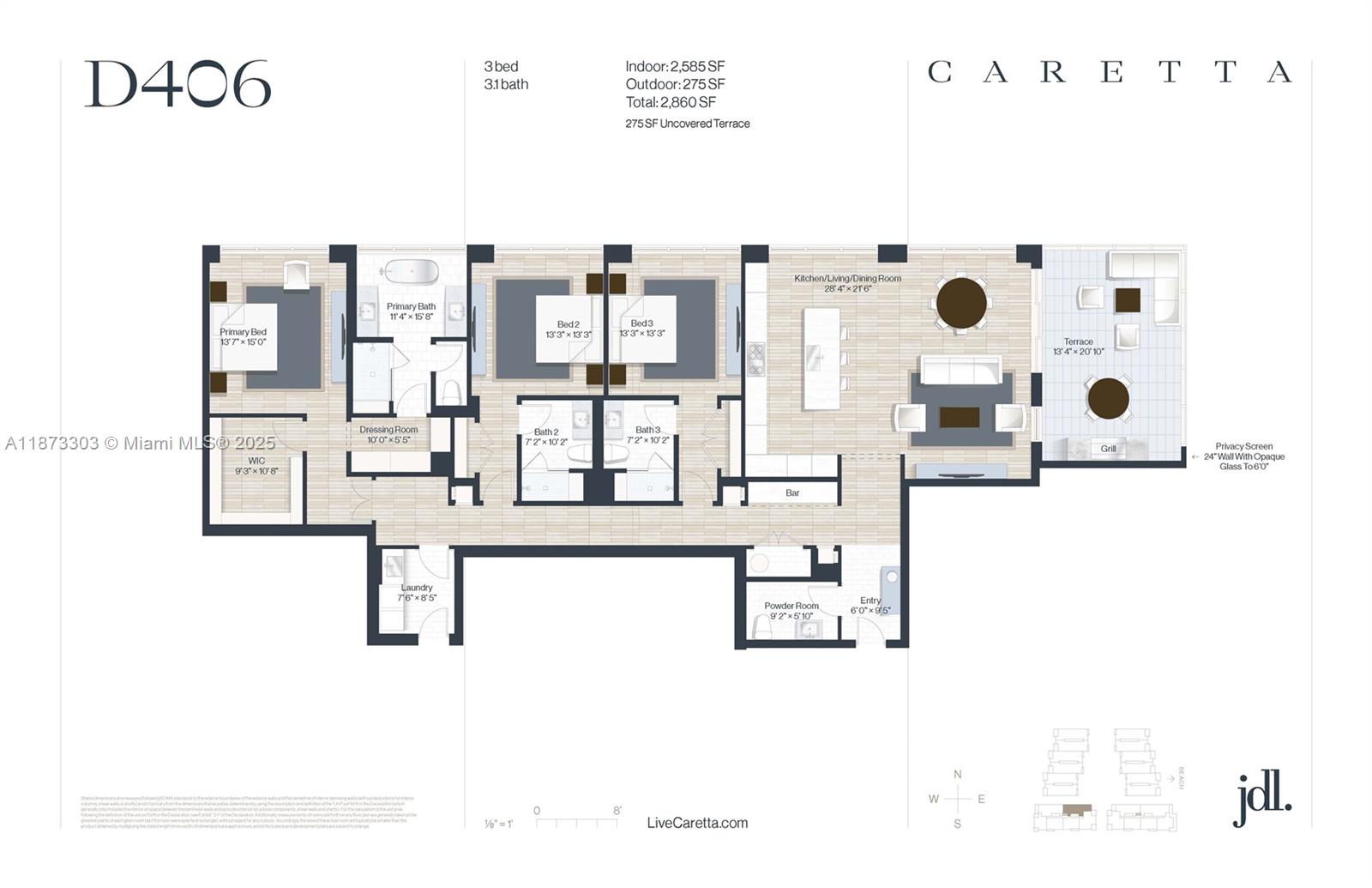This floor plan shows a three-bedroom, three-and-a-half-bath residential unit with an outdoor terrace — 1011 US Highway One # D406, Juno Beach FL 33408, JUNO BEACH, FL